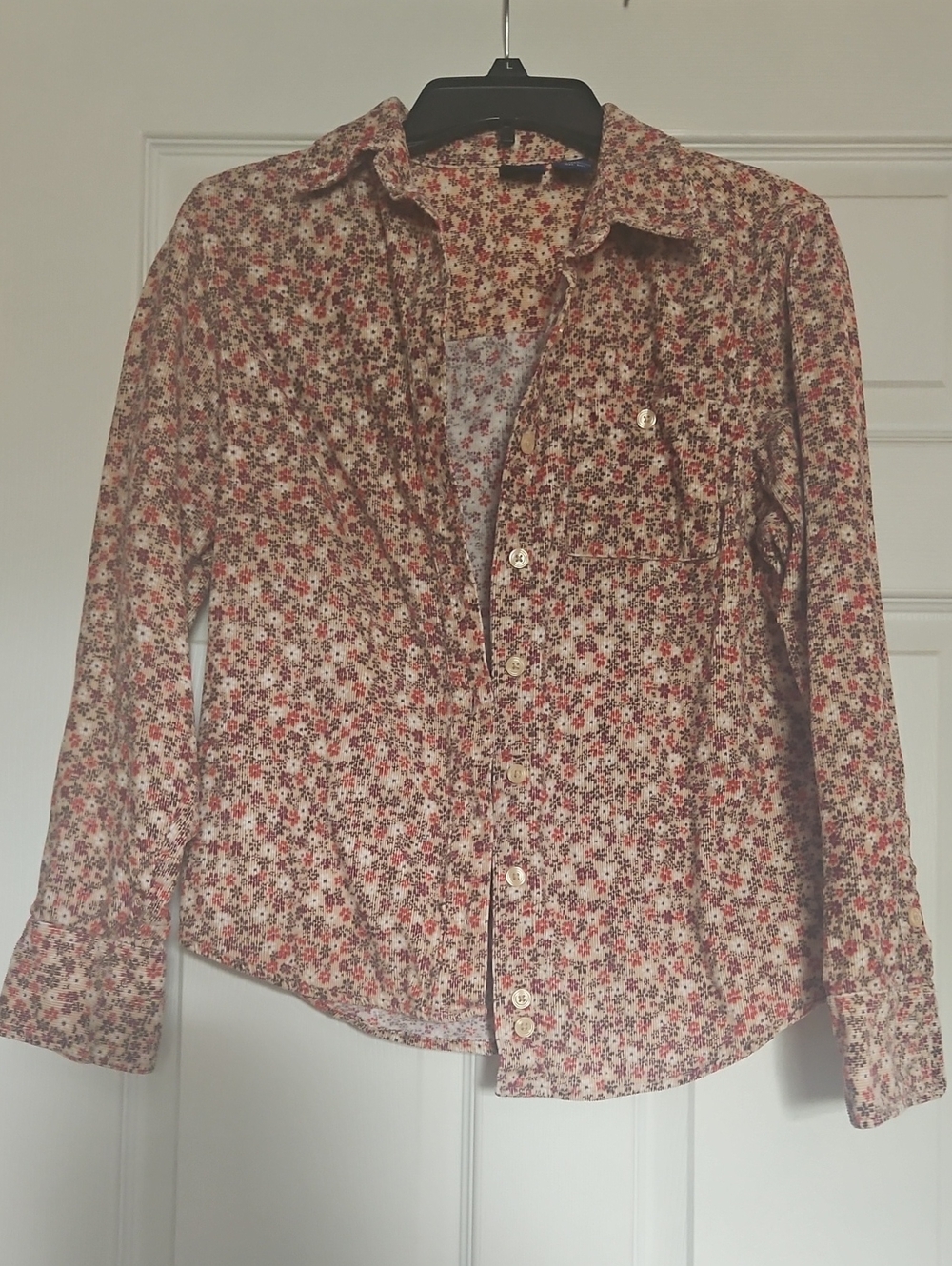 Basic Editions Cream Button-Up Shirt with Red and Brown Floral Print